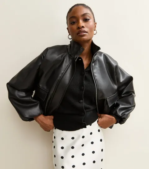 Black Faux Leather Funnel Neck Bomber Jacket