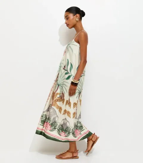 White Tropical Print Strappy Satin Midi Dress