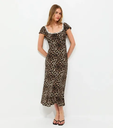 Brown Leopard Print Flutter Sleeve Midi Dress