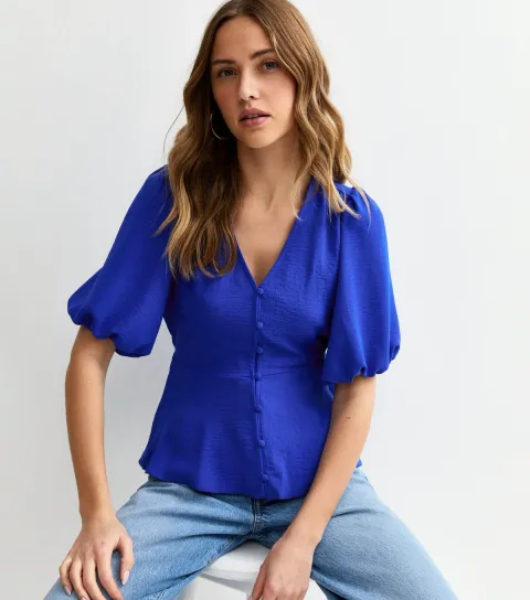 Blue Buttoned Puff Sleeve Tea Blouse