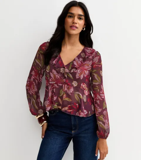 Dark Pink Floral Chiffon Tea Blouse