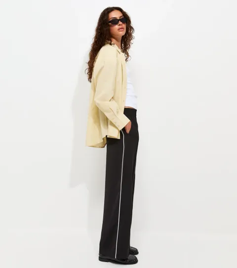 Black Pintuck Stripe Wide Leg Trousers