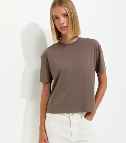 Light Brown Cotton Boxy Fit T-Shirt