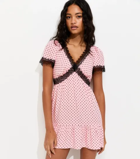 Light Pink Polka Dot Lace Trim Mini Dress