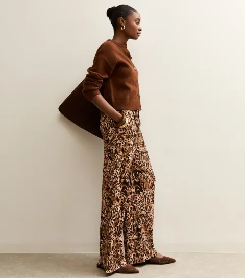 Brown Tiger Print Wide Leg Trousers