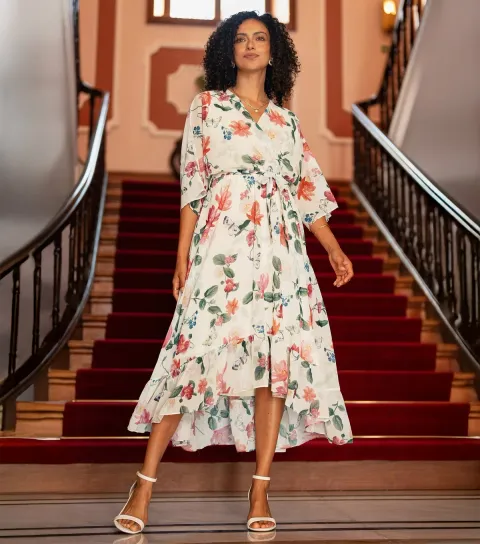 Off White Floral Print Wrap Dress