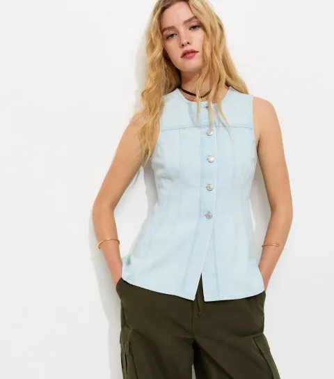 Light Blue Denim Panelled Longline Peplum Waistcoat