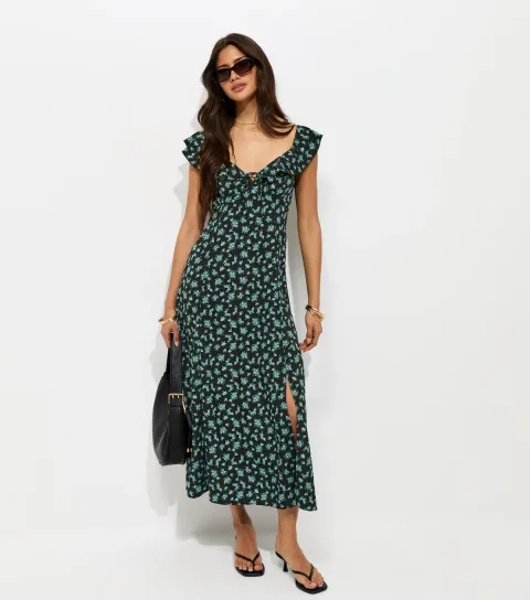 Black Ditsy Floral Ruffled Neck Midi Dress