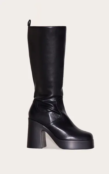 Wide Fit Black Pu Square Toe Block Heeled Slight Platform Knee High Boot