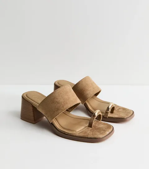 Light Brown Faux Suede Metal Toe Loop Block Heel Mules Vegan