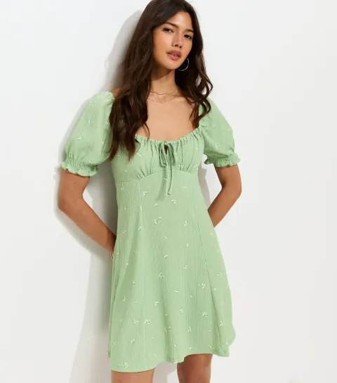 Green Polka Dot Crinkle Texture Milkmaid Mini Dress