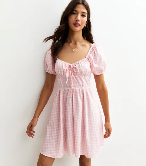Pink Gingham Puff Sleeve Mini Dress
