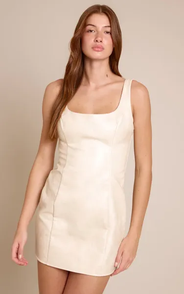 Cream PU Square Neck Mini Dress