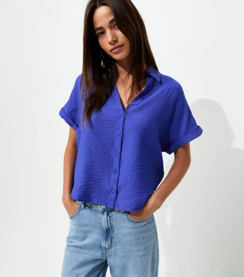 Dark Blue Collared V Neck Short Shirt