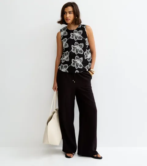Black Drawstring Wide Leg Trousers