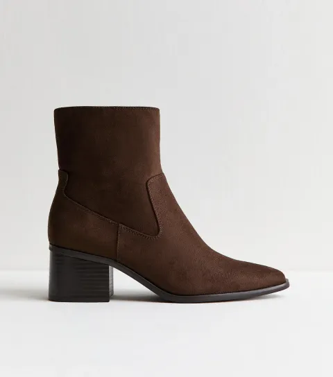 Brown Faux Suede Block Heel Ankle Boots Vegan