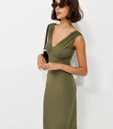 Dark Khaki Ruched Shoulder Sleeveless V-Neck Midi Dress