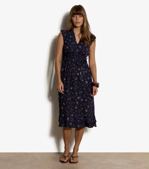 Navy Ditsy Print Ruffle Midi Dress