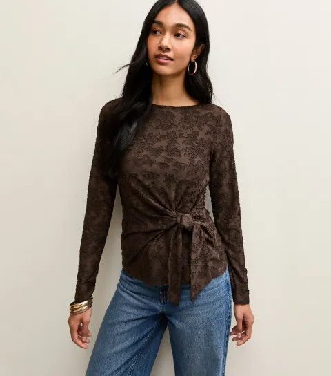 Dark Brown Jersey Floral Burnout Knot Long Sleeve Top
