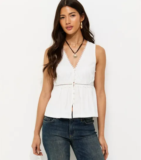 White Lace Trim Button Font Peplum Waist Tank Top