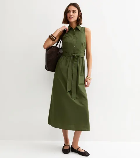 Khaki Sleeveless Button Up Midi Shirt Dress