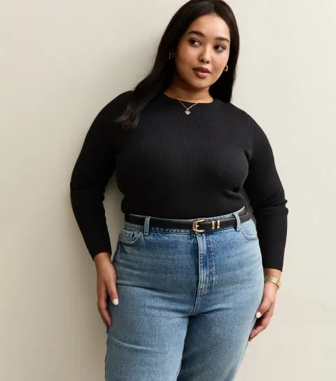 Plus Size Black Ribbed Knit Crew Neck Jumper Curves