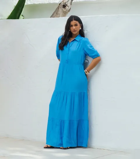 Bright Blue Button Through Skater Maxi Dress