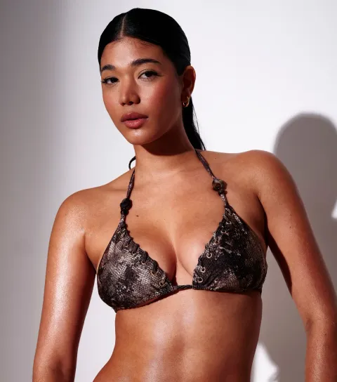 Brown Snake Print Beaded Triangle Bikini Top