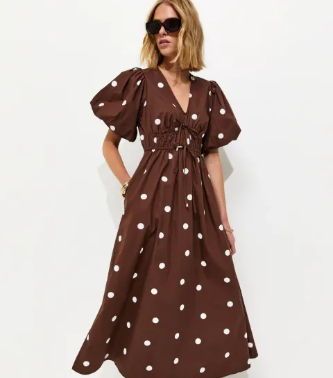 Brown Polka Dot Puff Sleeve Midi Dress