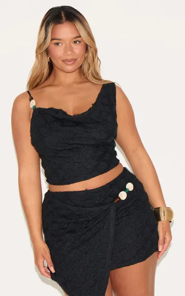 Shape Black Textured Wrap Over Beaded Trim Mini Skirt