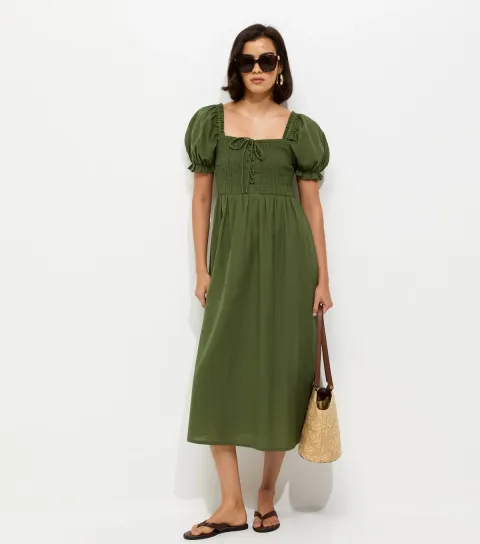 Dark Khaki Cotton Shirred Short Sleeve Midi Dress