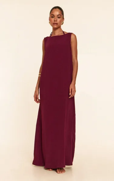 Purple Floaty Woven Boat Neck Maxi Beach Dress