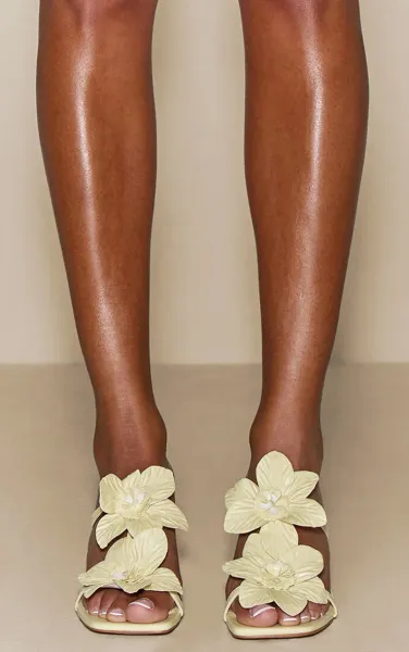 Butter Yellow Pu Square Toe Multi Flower Detail Mid Stiletto Heeled Mules