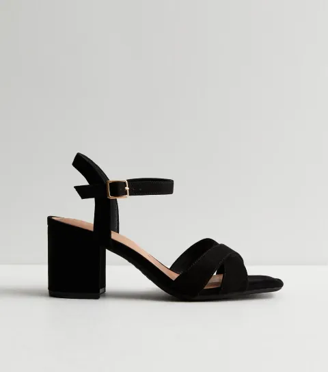 Wide Fit Black Suedette 2 Part Block Heel Sandals