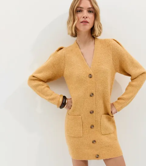 Light Yellow Stitchy Knit Button Front Mini Dress