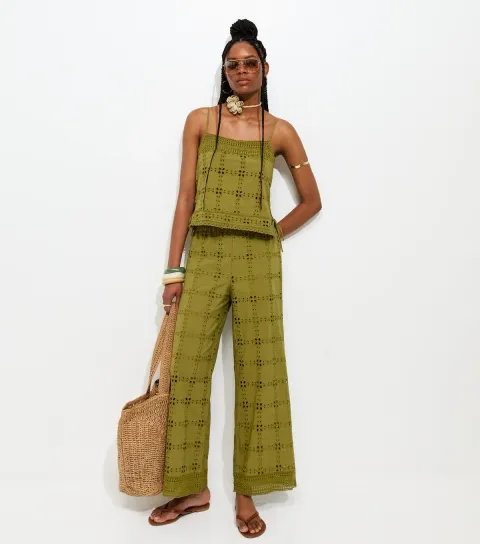 Green Cutwork Wide Leg Trousers