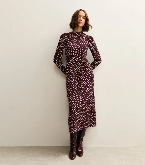 Dark Red Spotty High Neck Midi Dress