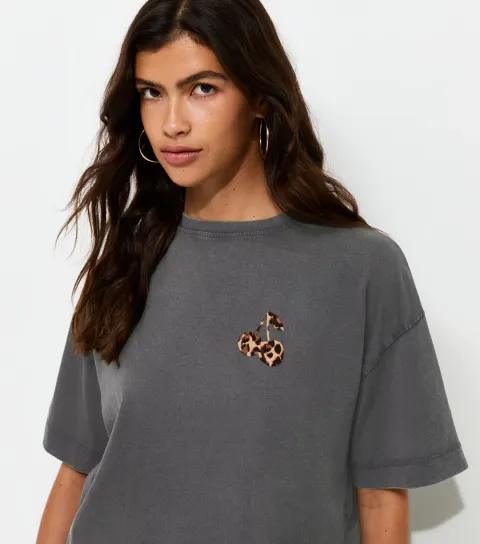 Dark Grey Cotton Leopard Cherry Print Oversized T-Shirt