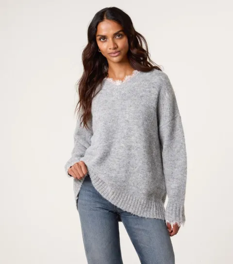 Grey Lace Trim V-Neck Jumper