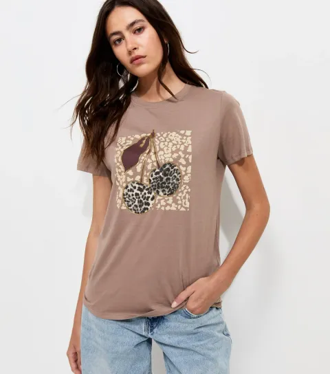 Light Brown Cotton Foil Cherry Relaxed T-Shirt
