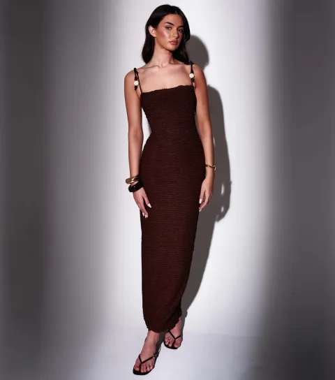 Dark Brown Textured Beaded Strap Maxi Dress