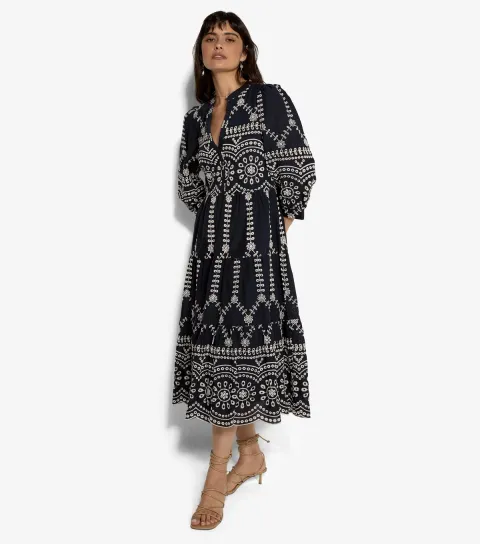 Navy Embroidered Tiered Midi Dress