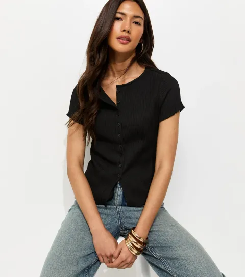 Black Ribbed Texture Button Front T-Shirt