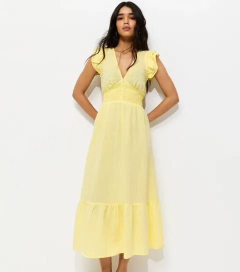Light Yellow Ruffled Cap Sleeve Midi Dress