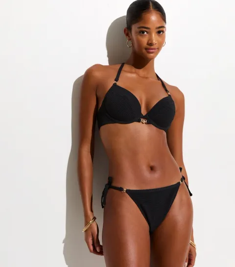 Black Crinkled Shell Trim Side Tie Bikini Bottoms