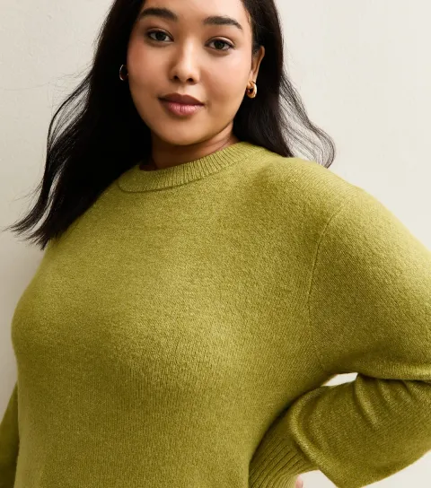 Plus Size Mid Green Crew Neck Jumper Curves