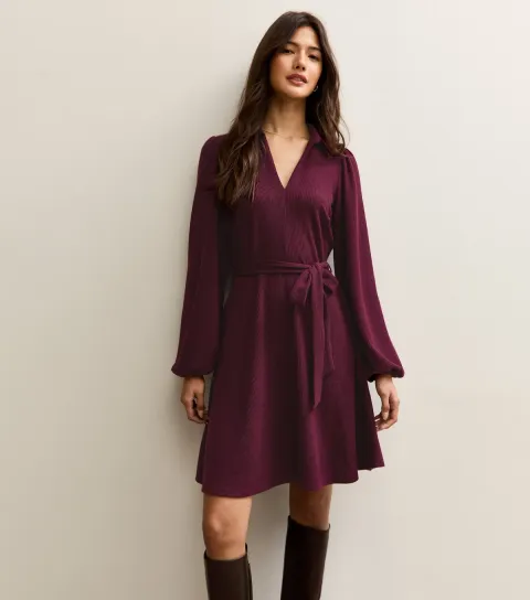 Dark Burgundy Crinkled Long Sleeve Mini Dress