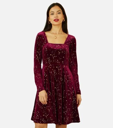 Burgundy Constellations Foil Mini Dress