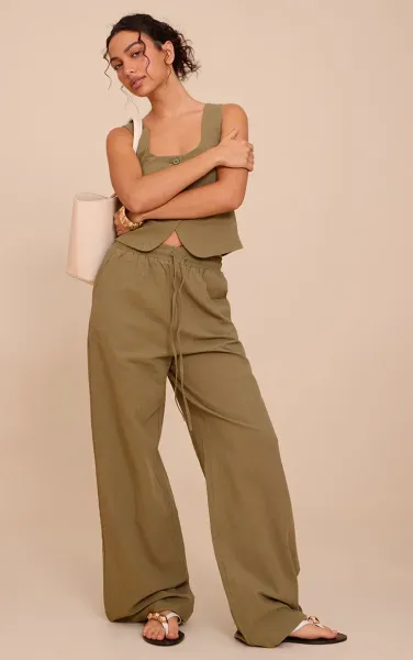 Khaki Tailored Linen Look Draw String Wide Leg Trouser