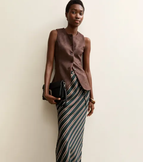 Tall Black Satin Striped Bias Cut Midi Skirt